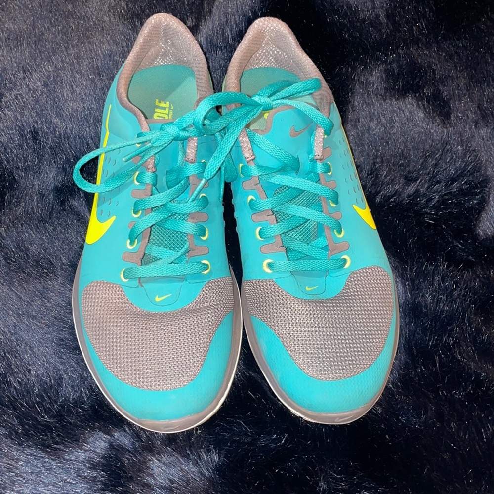 Neon green/yellow and turquoise Nike fitsole cushioning sneakers